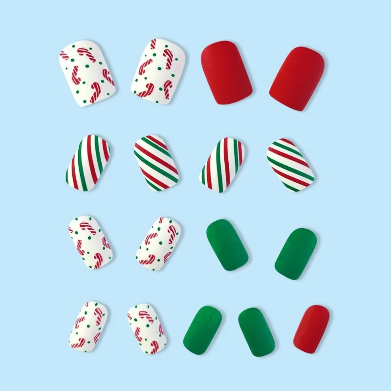 24pcs Christmas Frosted Colorful Stripes Red Green Press on Nails To Stick on False Nail Fake Nails with Design Short Medium