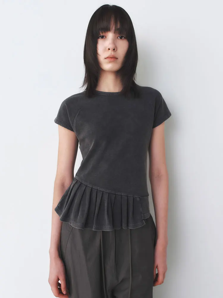 Noxula Authentic Summer 2025  Brand T-irt Asymmetrical Pleated Splicing True to Size Korean Sle Cotton Blend