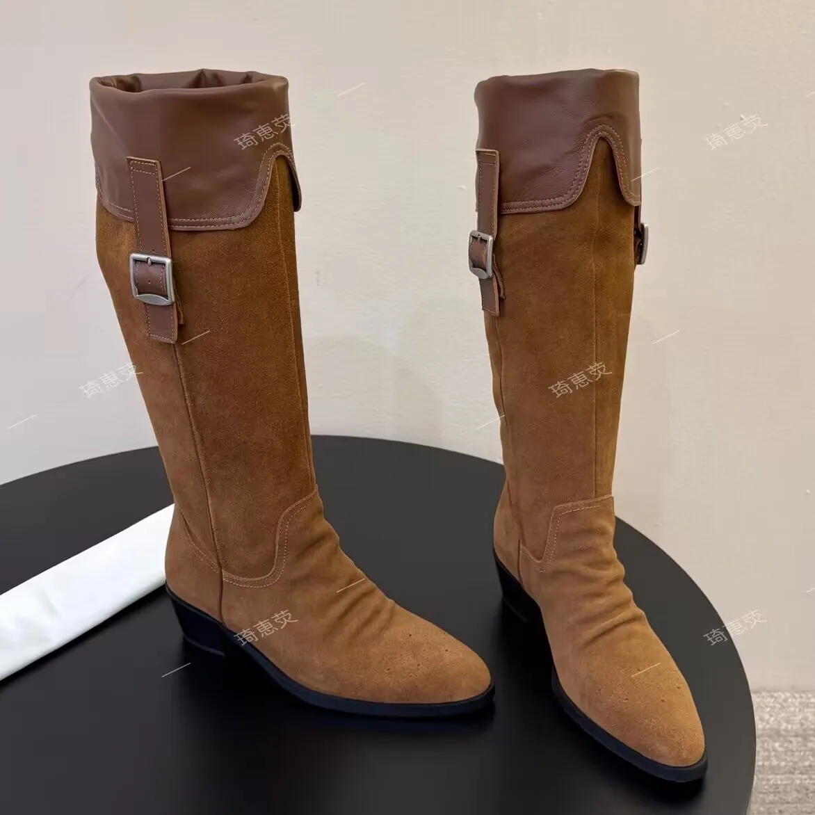 Top-Quality British-Style Belt-Buckle Riding Boots Winter Pointed-Toe Low-Heeled Long Boots Genuine Leather Biker Boots