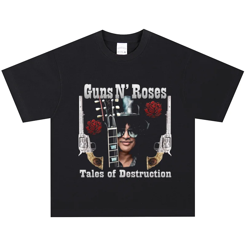 

Guns and Flowers Rock American Retro T-Shirt Short Sleeve Street Cotton Print Short Sleeve