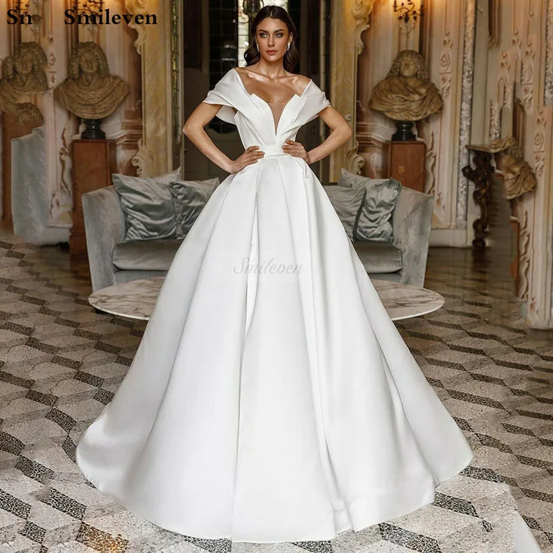 

Smileven Off The Shoulder Wedding Dresses A-Line White/Ivory Satin Bridal Gowns Modest vestidos de novia 2024