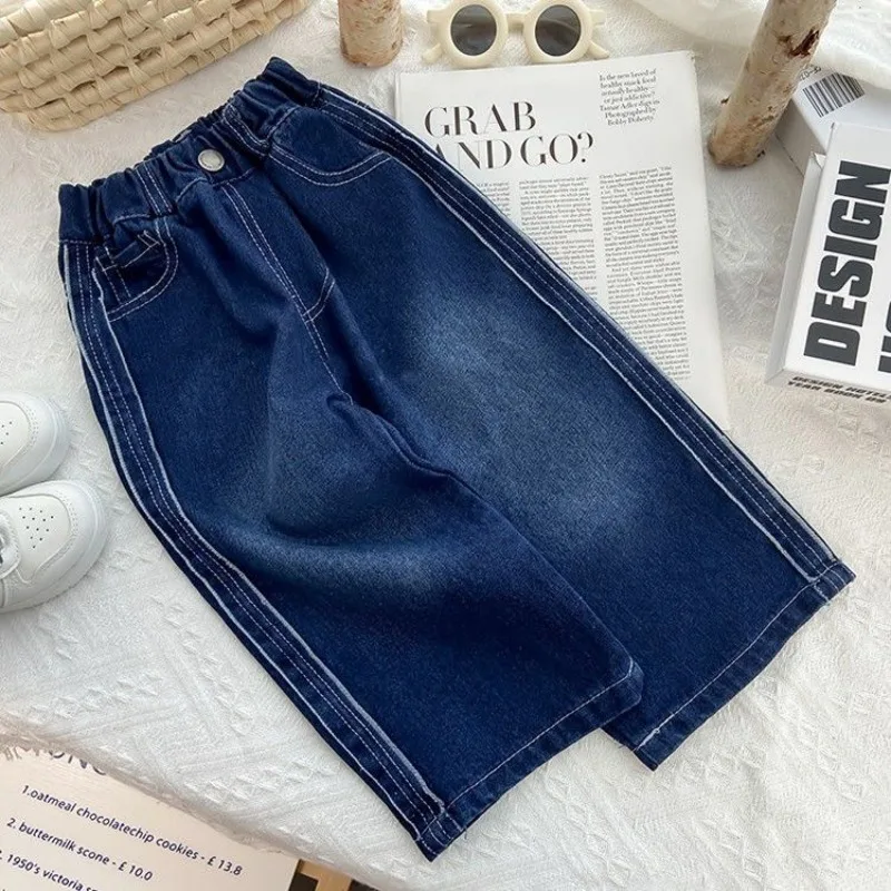 UNITIM Autumn Kids Girls Jeans 2-8Yrs Girls Straight Pants Winter Thicken Warm Integrated Children Denim Pant Girl Wide Leg Pant