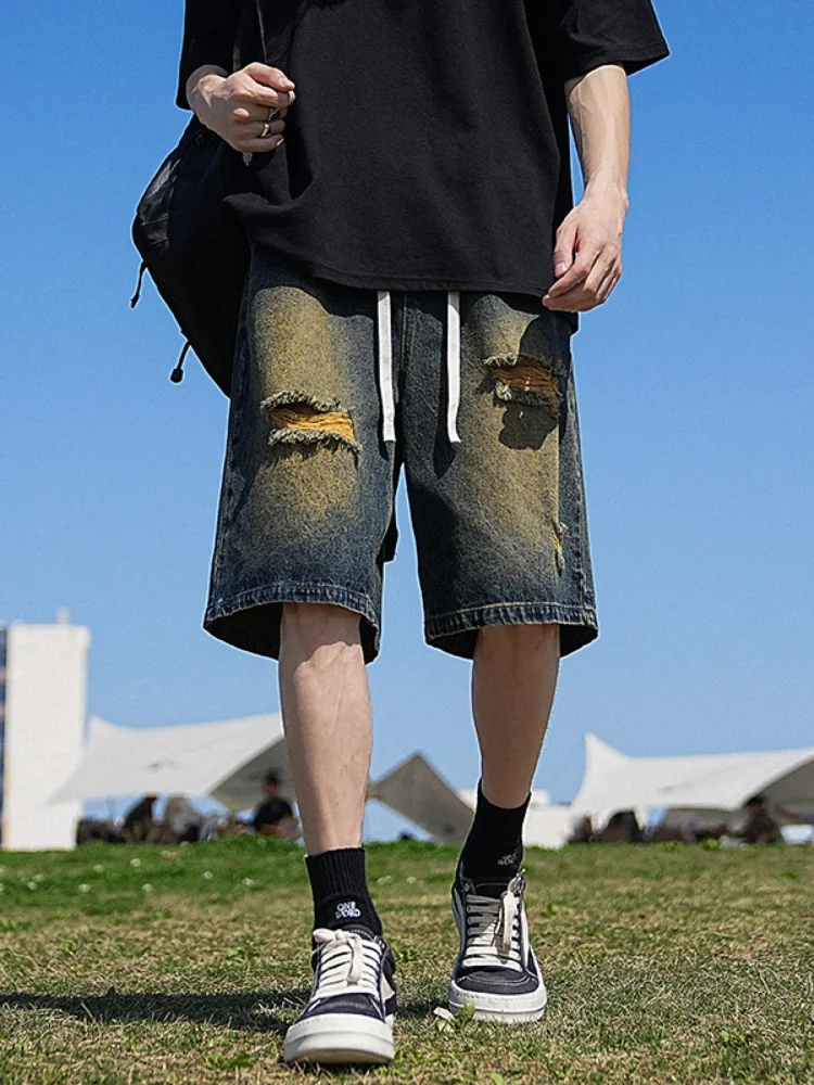 

Men's Summer Thin Denim orts Casual Loose Wide Leg Pants Trendy Five-Point Jeans Wear Resistant Micro Stretch Straight Cut