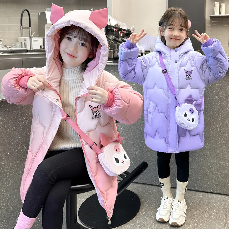 Anime Sanrio Winter Kids Down Coat Kuromi Girls Kawaii Fashion Long Style Outdoors Warm Cotton Hooded Jackets Tops with Bag