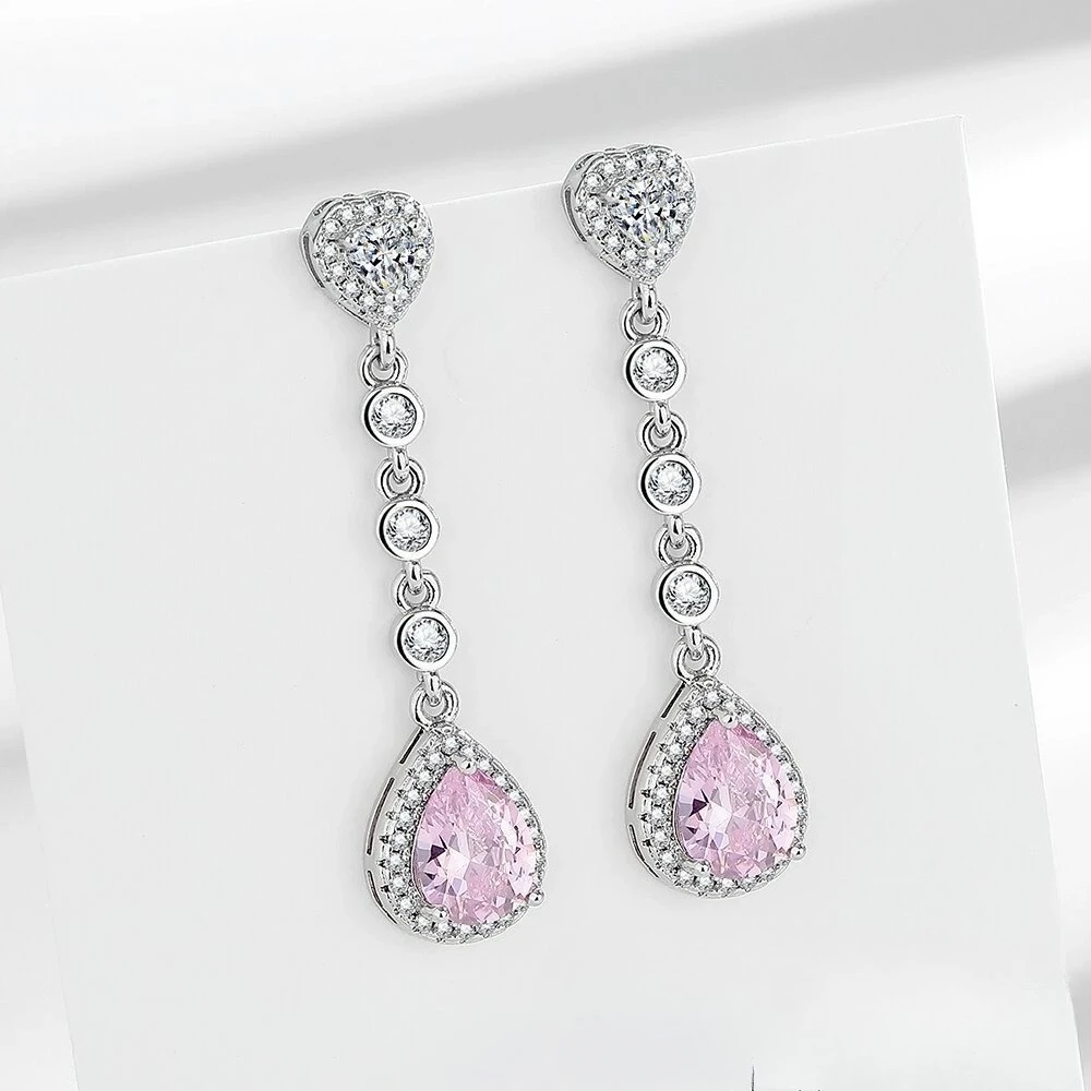 Luxury 925 Sterling Silver Long Earrings Elegant Pink Diamond Design Cross-border European Style Women's Fashion Jewelry