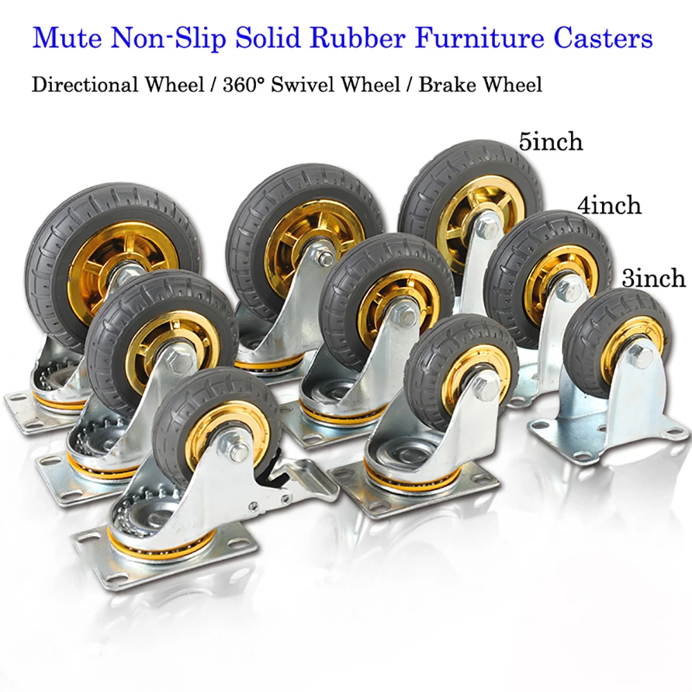 

3/4/5inch Universal Solid Rubber Furniture Casters Band Brake Elastic Mute Wheel For Platform Trolley 360°Rotation Trolley Wheel