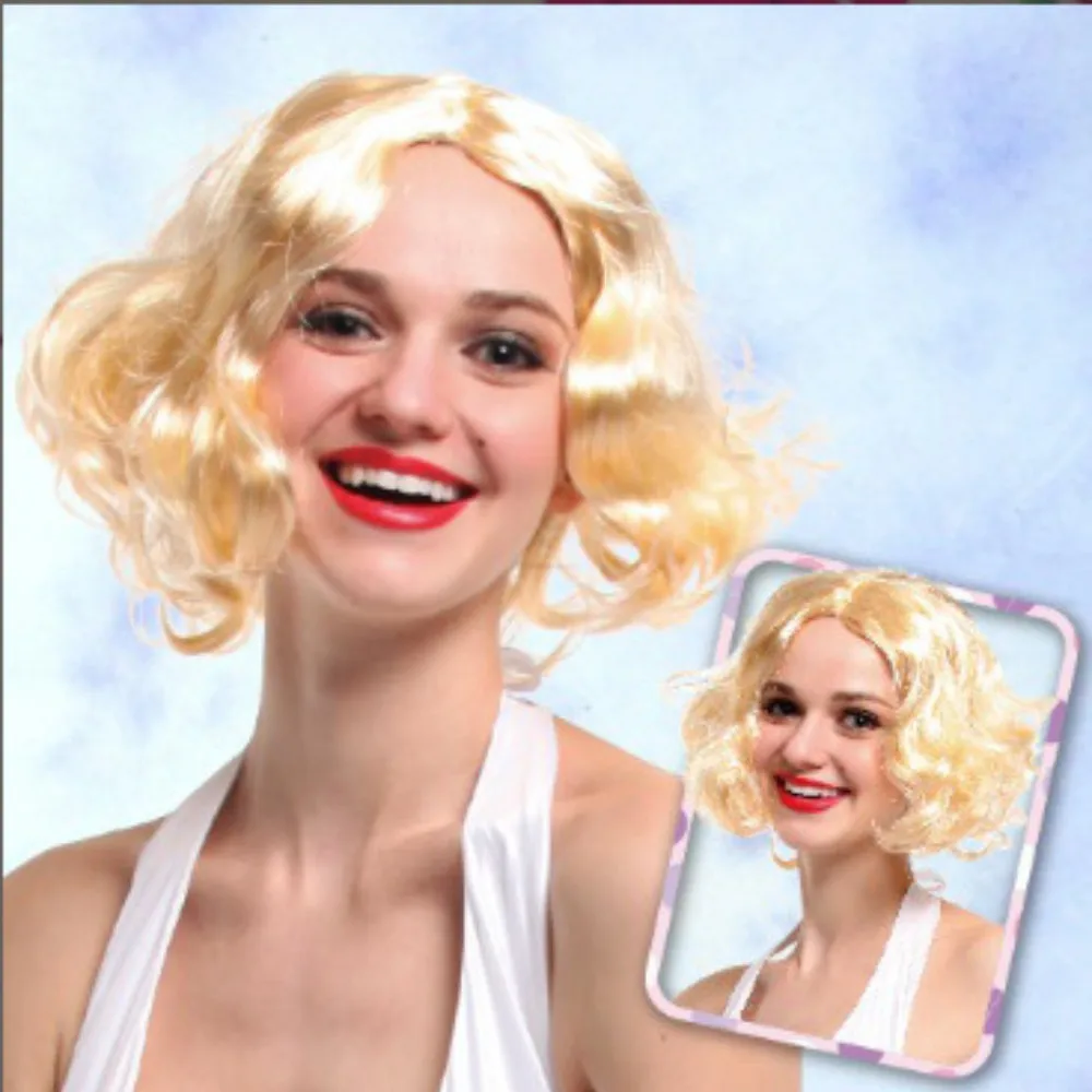 شعر مستعار مارلين مونرو كوس الاصطناعي أنيق وعصري قصير ذهبي مجعد للنساء