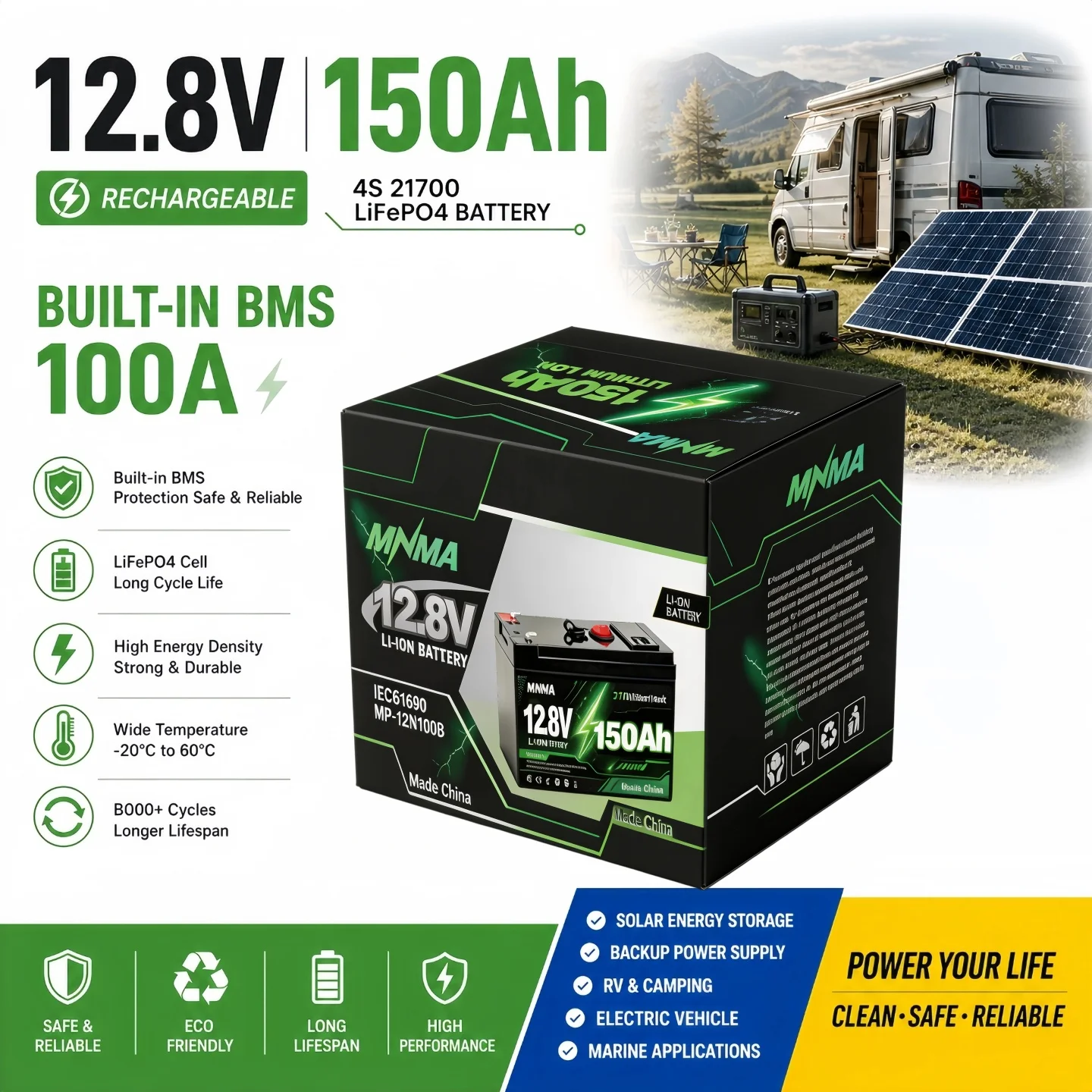 New 12.8V 150Ah LiFePO4 battery built-in 100A BMS lithium battery pack for RV/solar/off grid appliance charging