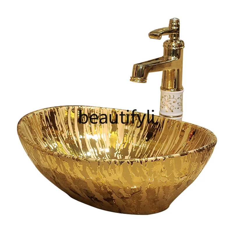 

European style countertop basin oval small size ceramic art bathroom washbasin gold-plated basin