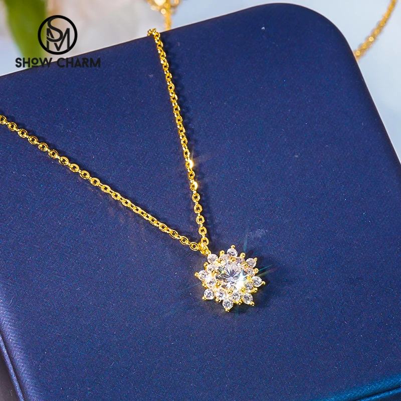 

100% S925 Sterling Silver Yellow Gold Plated Snowflake Flower 5A Zircon Pendant Necklace Collarbone Chain For Women Fine Jewelry