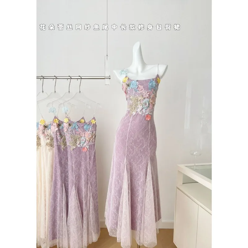 

Summer Floral Lace Mermaid Dress for Women Mid-calf Mesh Slim Fit Bodycon Slit Evening Gown Sexy Backless Spaghetti Strap Dress