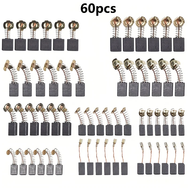 60-Piece Set of 10 Types of Motor Carbon Brush Replacement Kits for Power Tool Repair and Maintenance, Replacement Parts Suitable for Electric Drills, Angle Grinders, Hammer Motors, Impact Drills, and Circular Saws