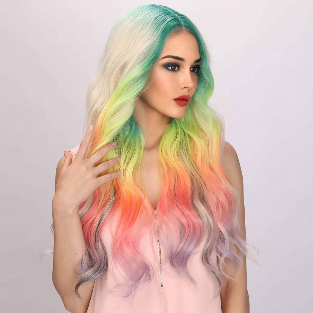 Smilco Omber Rainbow Colorful Middle Part Wavy Bob Wigs For Women Synthetic Curly Wig Cosplay Daily Party Heat Reisitant Hair