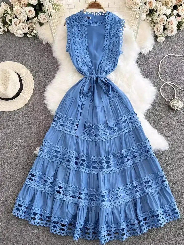 

Women Vintage Party Drses Summer Sleeveless Stand Collar Sleeveless Long Dresses Ladies Elegant Slim A-line Hollow Out Long Robe