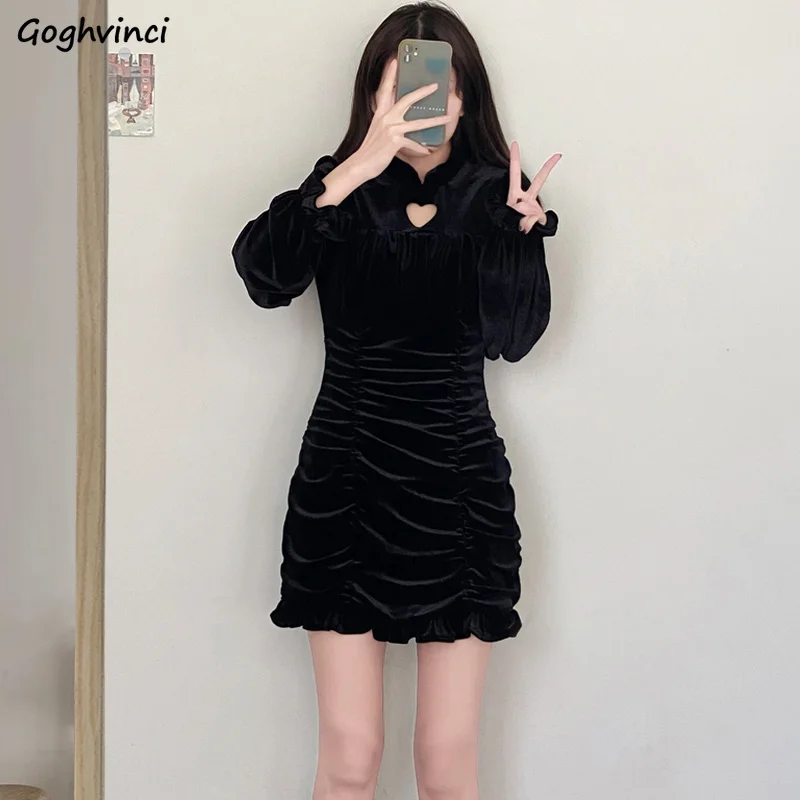 

Puff Sleeve Dress Women Harajuku Fashion Design Stand Collar Sheath Spring Shirring French Streetwear Vestido All-match Cozy Ins