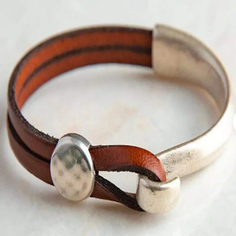 Leather Wrap Bracelet for Men and Women Boho Black Brown PU leather with Silver Patchwork Hook Bracelets Gifts for Her Him