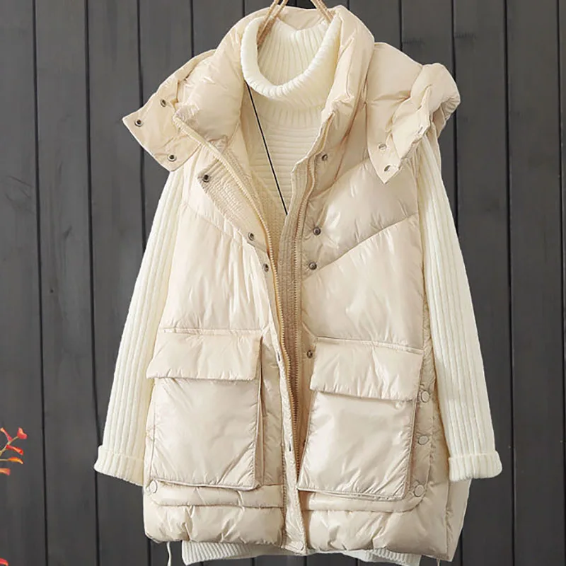 

2023 Hooded Women Loose Down Cotton Vest Simplicity Fashion Korean Elegant Thick Jacket Winter Lady Casual Warm Sleeveless Coat