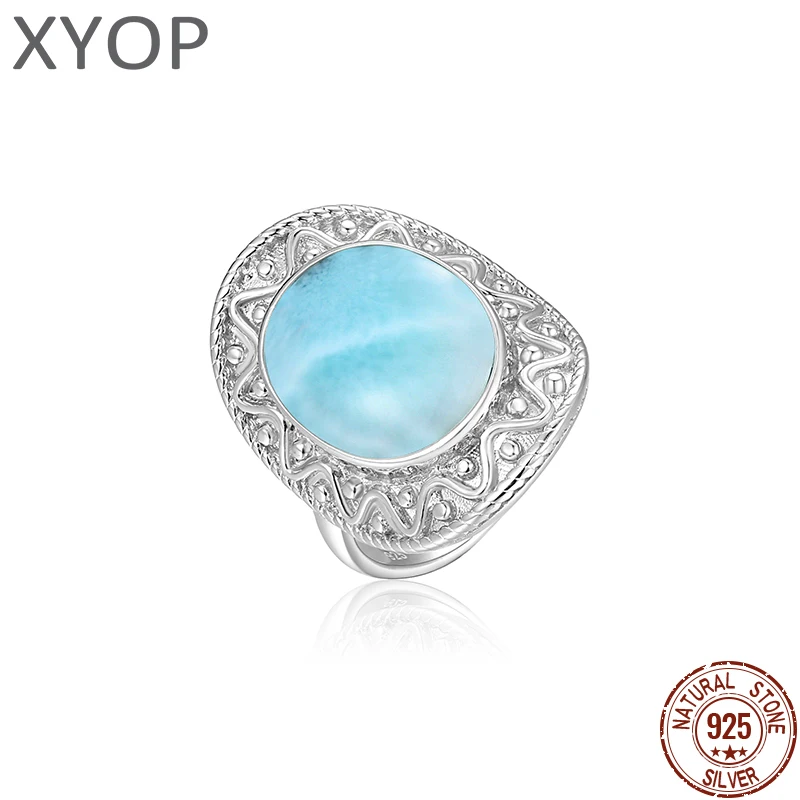 

XYOP Hot Sale 925 Sterling Silver Women Ring Blue Precious Larimar Ring Retro Design Jewelry Gift