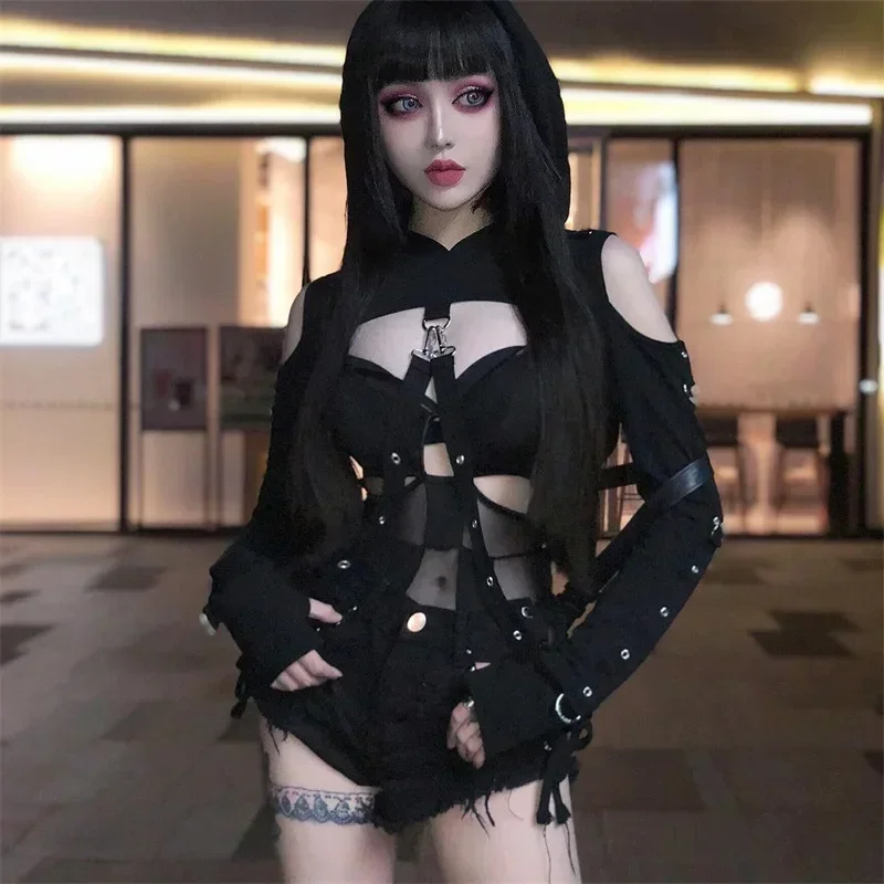 Black Gothic Crop Top ผู้หญิง Hoodies Punk เสื้อกันหนาวปิดไหล่ Lace Up Hooded Pullover หูแมวสั้นสไตล์หญิงเสื้อแจ็คเก็ต