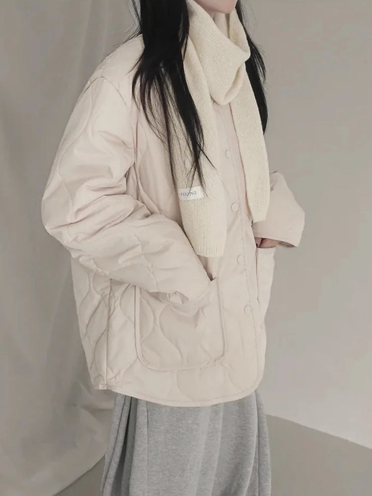 REDDACHiC Fluffy Fleece Lined Women Quilted Jacket Warm Button Down Pockets Collarless Loose Winter Coat Korea Casual Outerwear