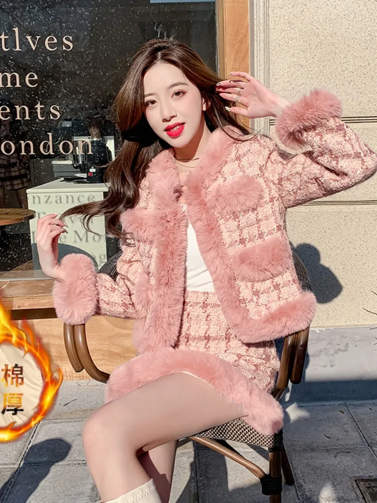 Fall Winter Pink Warm Thick Tweed Two Piece Sets For Women High Quality Elegant Wool Blend Patchwork Plaid 2 Piece Skirt Sets