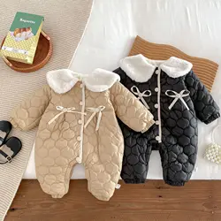 Newborn Baby Girl Jumpsuit Cotton Padded Winter Fleece Warm Bowknot Infant Toddler Romper Thick Onepiece Outwear Kid Suit 3M-18M