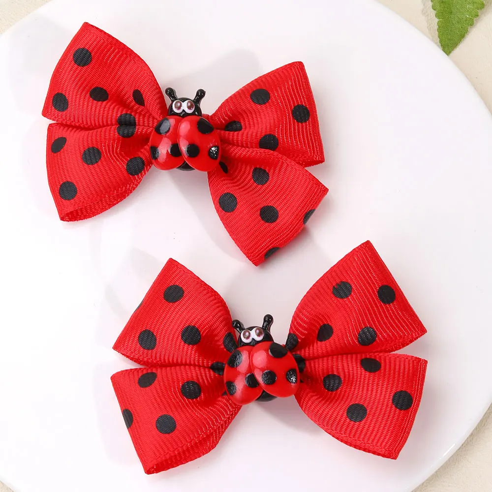 2PCS Cartoon Ladybug Ribbon Bows Hair Clip Kids Hair Pin Headwear Cute Black Dot Print Barrettes Girls Hair Accessories