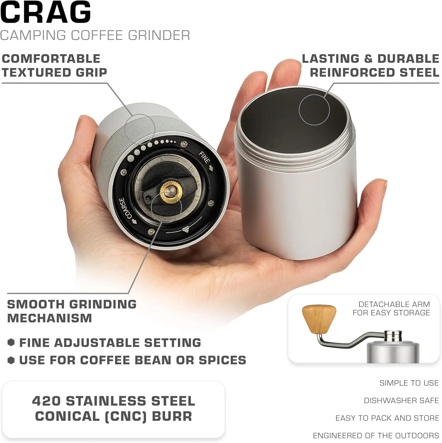 Crag Manual Coffee Grinder — Hand Coffee Grinder — CNC Burr Precision Hand Grind, Heavy Duty for Travel, Camping, Hiki