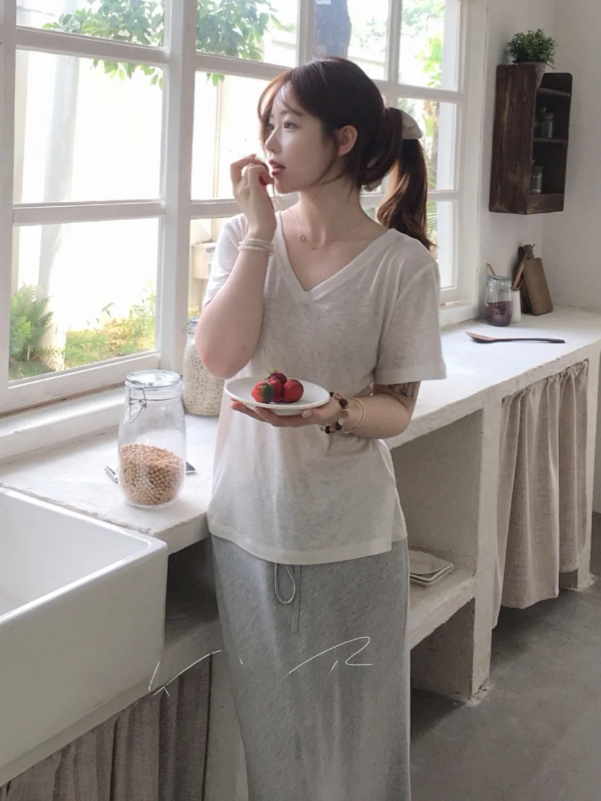 Gray Mask Texture Loose Fit V-Neck Top And Wrap around Skirt with Drawstring Two Piece Spring Fashion Set for Women
