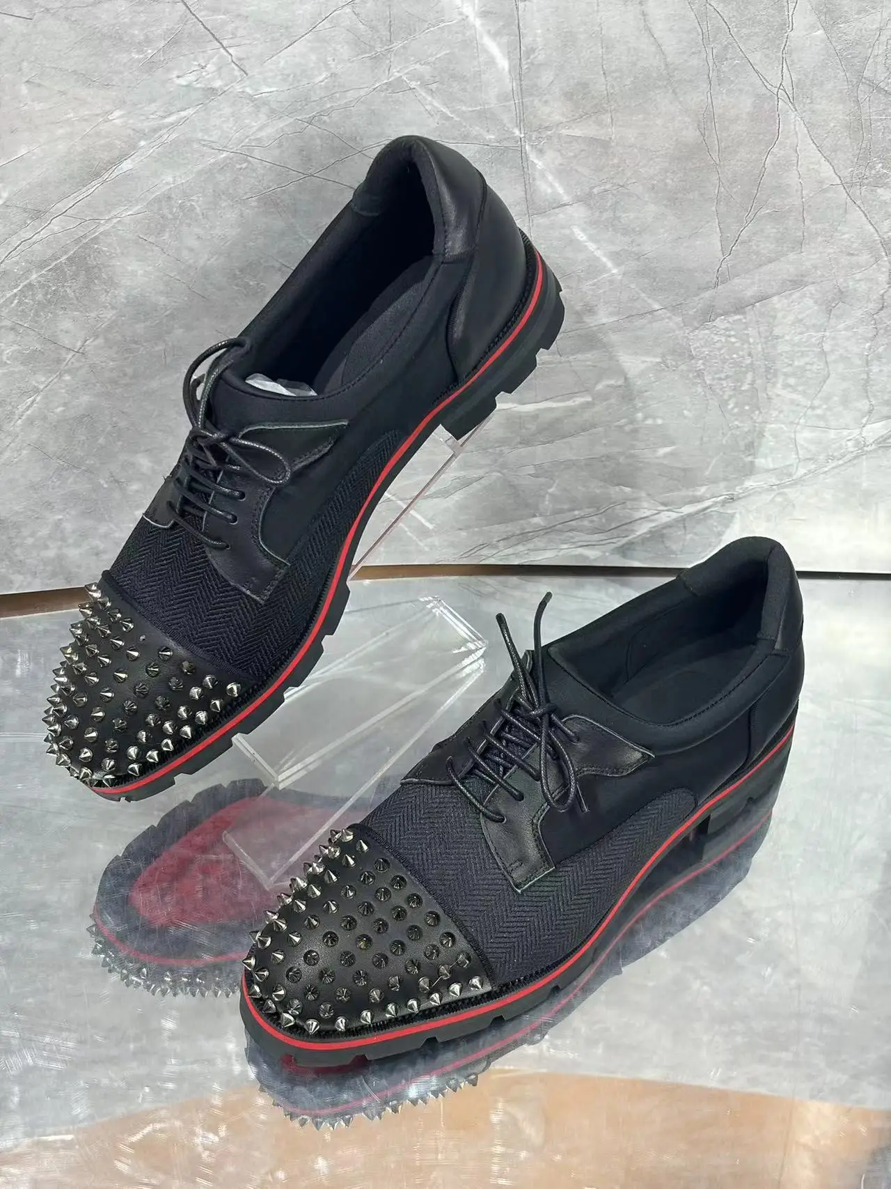 Tachuelas con punta redonda para hombre, zapatos de negocios con cordones, antideslizantes, transpirables, tela negra con cuero, Premium, informales