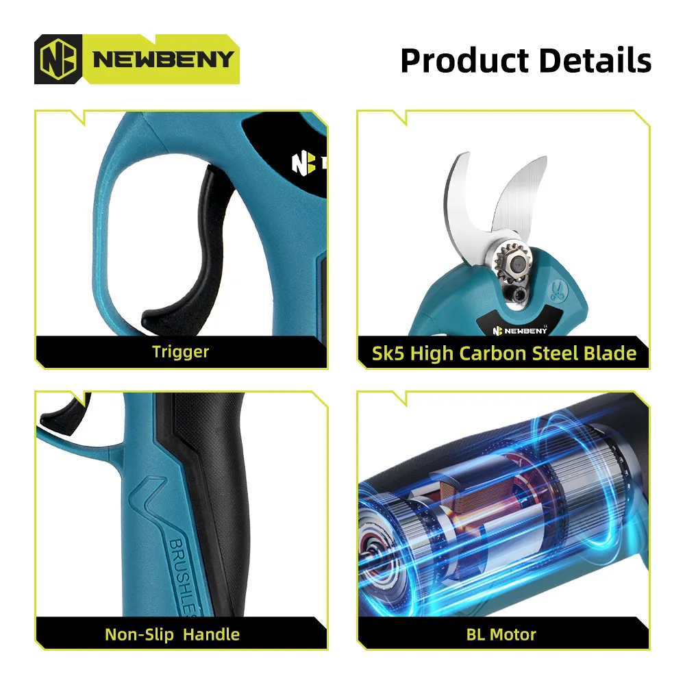 NEWBENY-tijeras de podar eléctricas sin escobillas, 30mm, inalámbricas, eficientes, para ramas de árboles frutales, herramientas eléctricas para