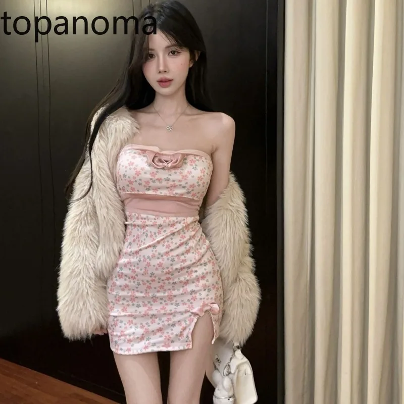 Topanoma Cocktail Mini Dresses Women Fashion Rose Flowers Strapless Slim Patchwork Backless Slim Sweet Sexy Evening Dress Club