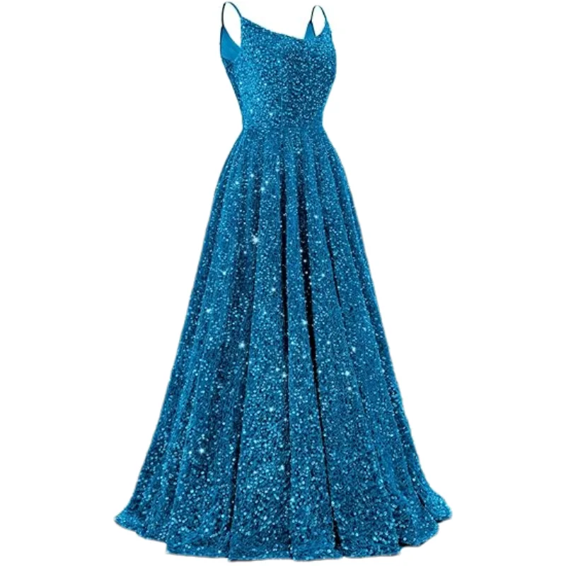 Robes de bal à paillettes personnalisées, longues robes de bal scintillantes, bretelles Spaghetti, ligne a, robe de soirée formelle avec poches, 2025