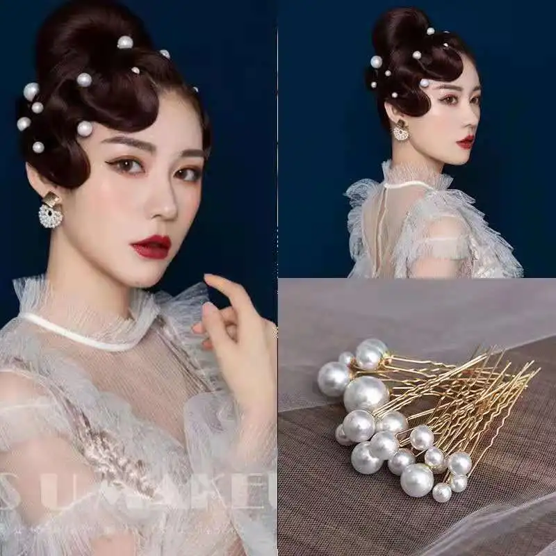 Women U-shaped Pin Metal Barrette Clip Hairpins Simulated Pearl Bridal Tiara Hair Accessories Wedding Hairstyle Design Tools