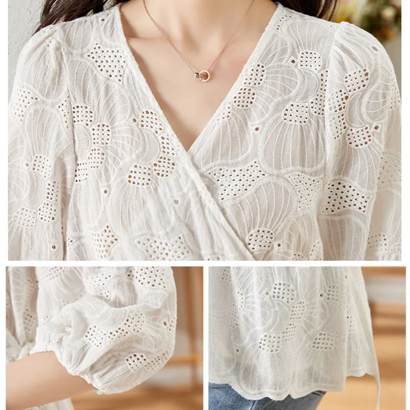 New V-Neck Hollow Out Women Blouse White Embroidery Blouse Shirt Women Tops Camisas Blusa Blusas Camisas De Mujer Blouses M521