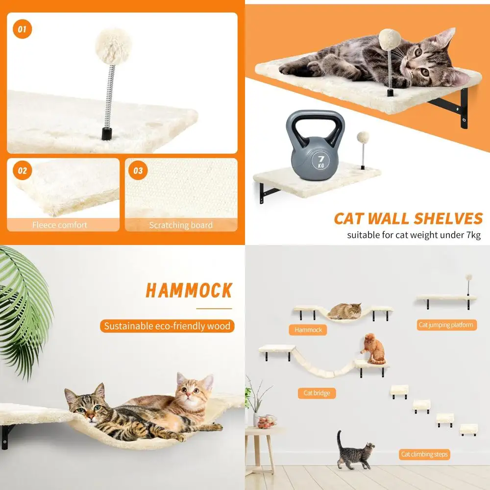 

7-Piece Wooden Cat Climbing Set with Shelves, Perches, Bridge, Hammock, Scratching Board, and Ball for Indoor Play (Beige)