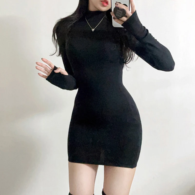 South korea Dongdaemun New Spring and Autumn New Elegant Fene Half-high Collar Simple Tight Dress Base Sheath