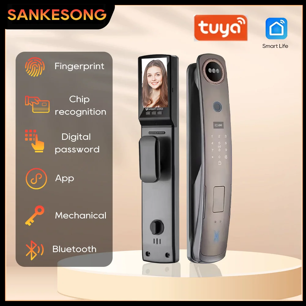 WiFi Tuya APP Smart Door Lock Voice Intercom Digital Door Lock High Quanlity 3D Face Recognition With Camera