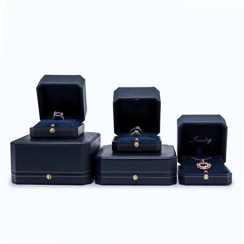 (5pcs) Blue Octagonal Diamond Studded Snap Ring Box, Ring Packaging Box, Wedding Ring Box