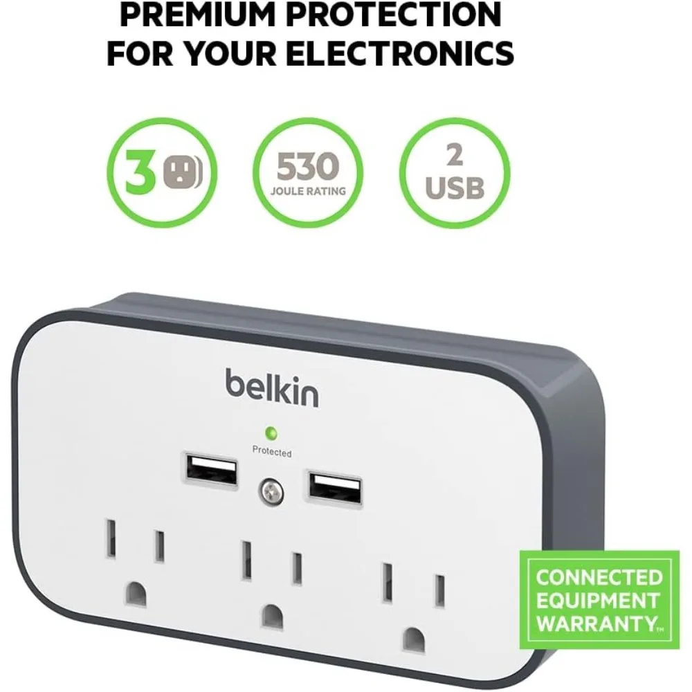 موسع مخرج تيار متردد مثبت على الحائط مع 3 منافذ ومحطتين شحن USB - تصميم قابس مسطح دوار للاستخدام المنزلي