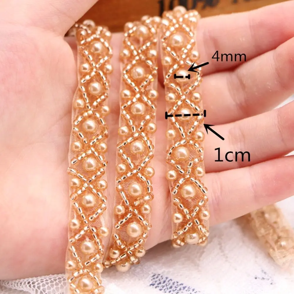 Embroidered Craft Wedding Fabric DIY Pearl Lace Trim Beaded Ribbon Dress Decor