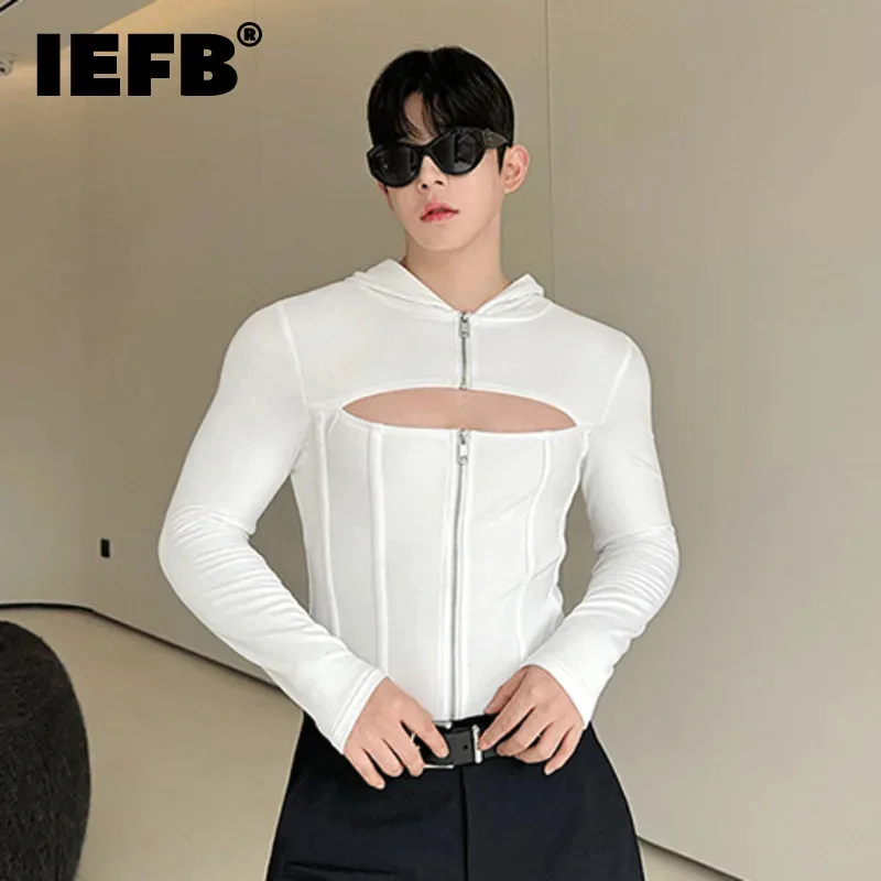 IEFB Slim Hooded Men\'s T-shirts Long Sleeve Autumn Girdling Hollow-out Deconstructed Splicing Double Zipper Bottom Tops 9C7058