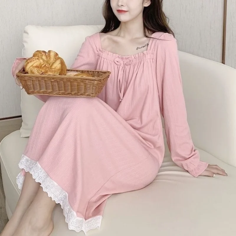 

Female Women's Sleeping Skirt Spring Autumn Long Sleeve Nightgowns Pajamas Pure Desire Style Home Clothes Casual Dress New Style