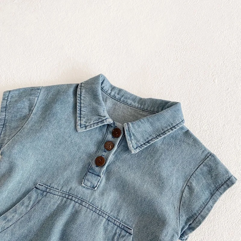 Fashion Baby Romper 0-3Years Newborn Boy Girl Short Sleeve Turn Down Collar Denim Bodysuit Pocket Playsuit Outfit Summer Clothes