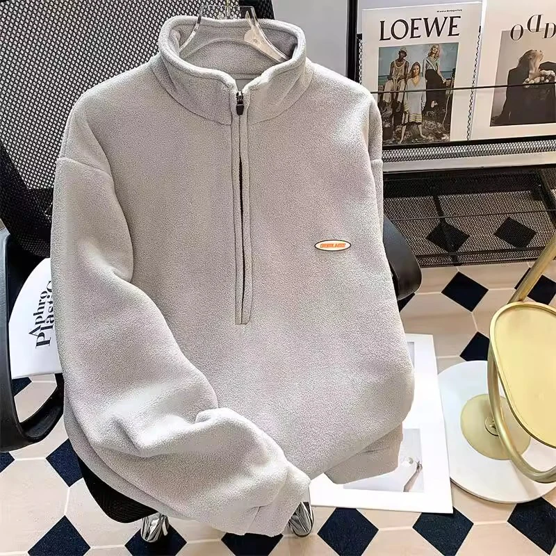 Japan Style Half Zip Long Sleeve Men Sweatshirt Autumn Winter Loose Fleece Coat Teenagers Fashion Casual All-match Clothing Grey