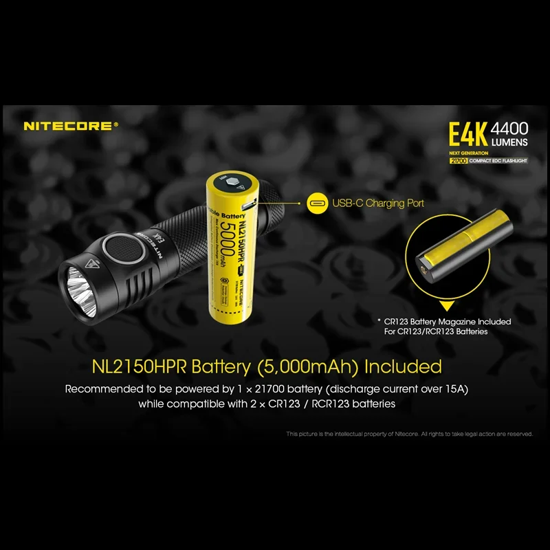 NITECORE E4K 4400Lumens Compact LED EDC Flashlight 8 Lighting Modes With NL2150HPR 18650 Battery Self-defense Troch Lantern