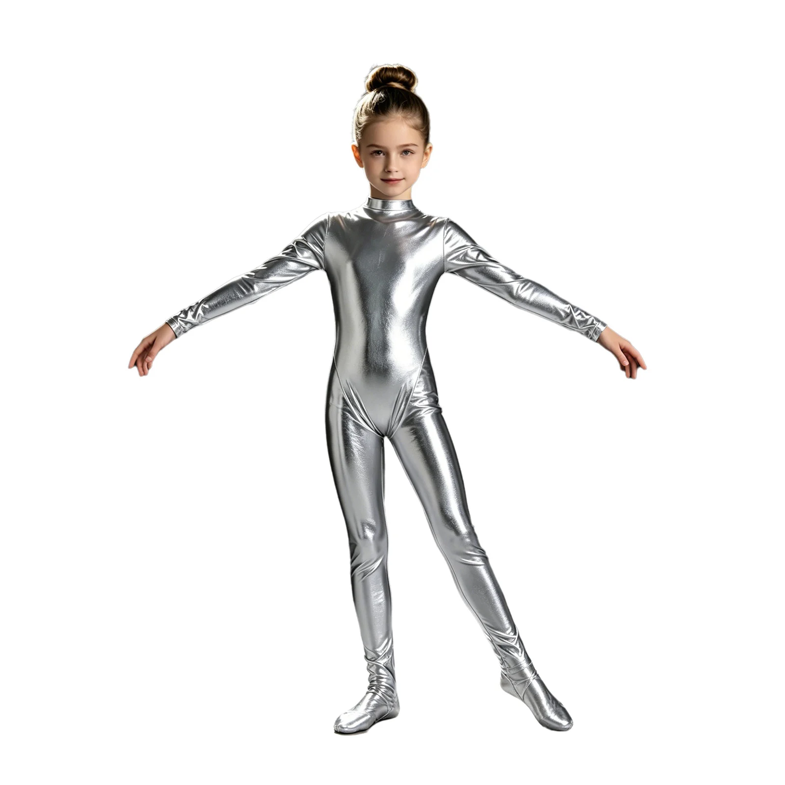 Girls Metallic Ballet Dance Gymnastics Leotard Halloween Alien Cosplay Outer Space Costume Long Sleeve Shiny Unitards Dancewear