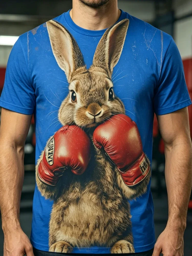 3D Boxing Rabbit Print Men's T-shirt Funny Bunny Graphic T Shirt for Men Animal Tee Trend Street Man Clothes Summer Sports Tops - view 3