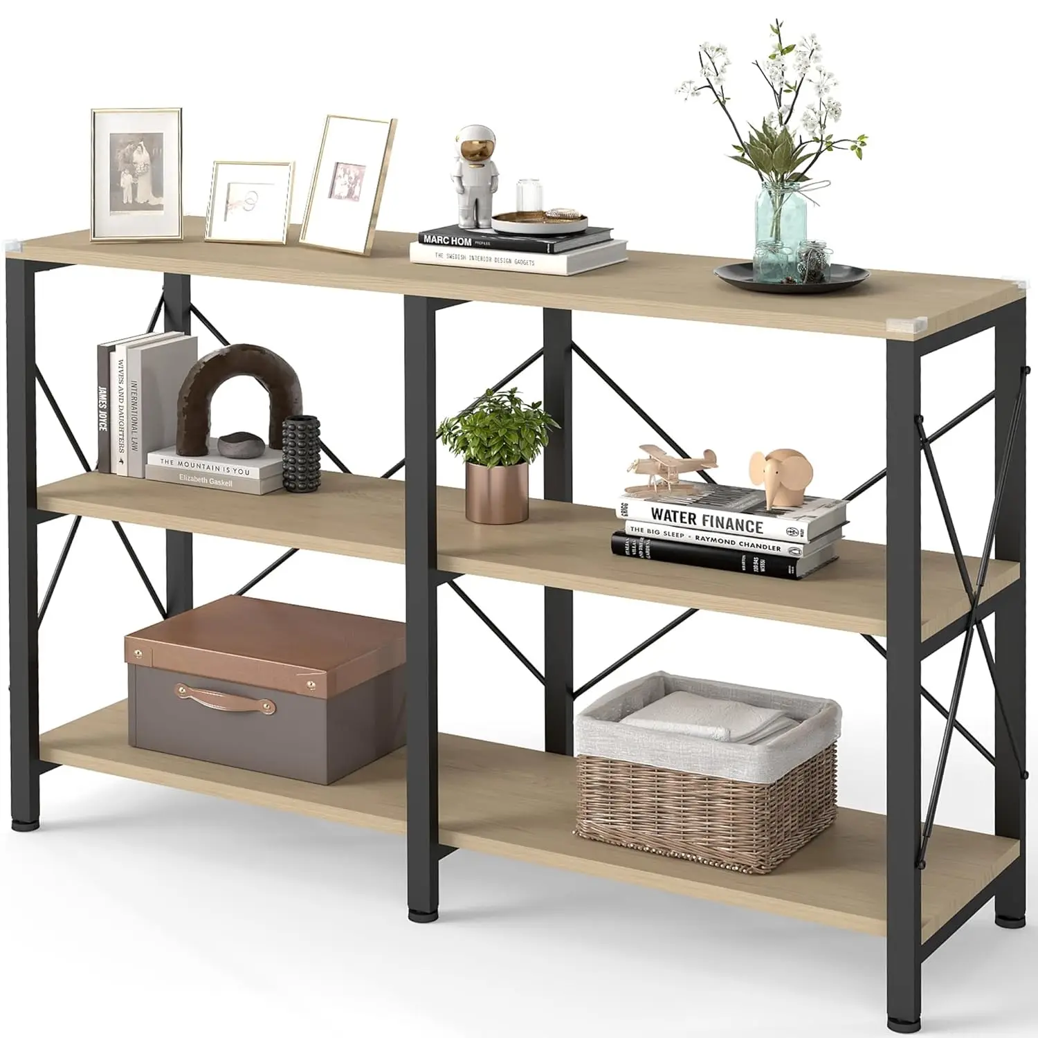 

47" 3 Tier Industrial Book Shelf, Free Standing Horizontal Low Metal Rustic Farmhouse Book Case With Wood Shelves, Customized
