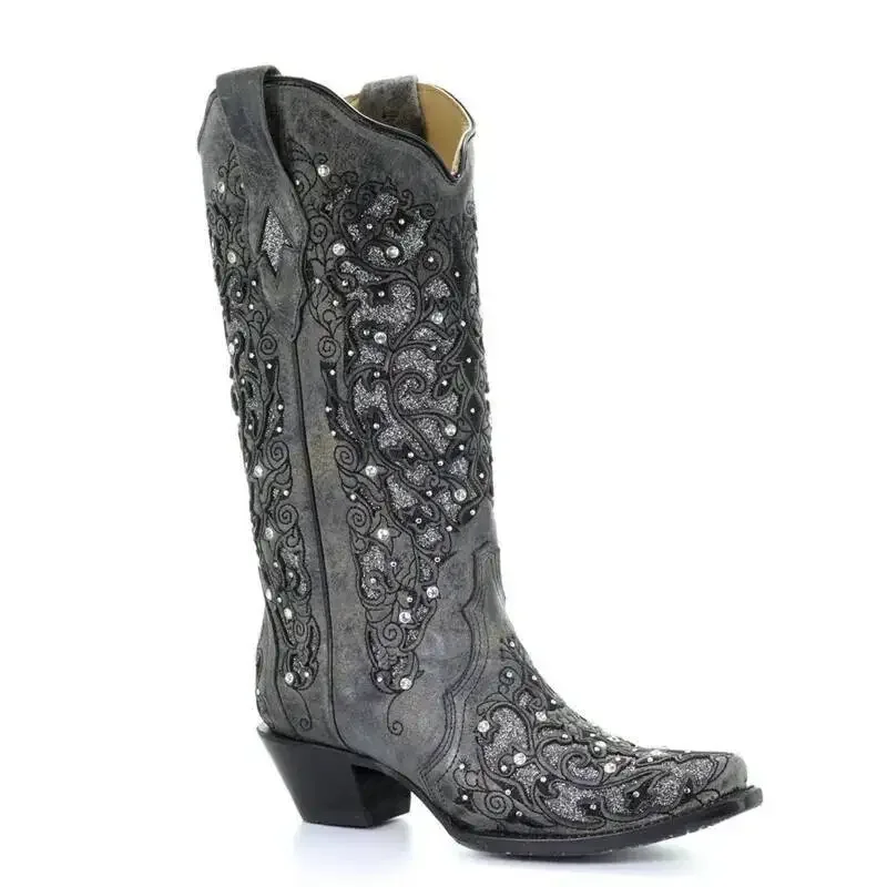 Free Shipping Women Western Tall Cowboy Boots, Glitter Rhinestone Embroidery Snip Toe Low Heel Boots